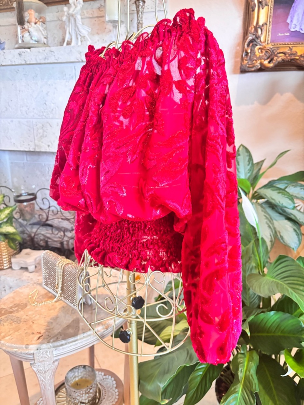 Vintage 80s Ivonne De La Vega Red Silk Burnout Off Shoulder Blouse - Picture 3 of 5